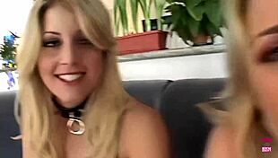 Two blondes play with sex toys then get banged by horny guy in turns