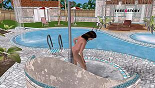 cute anime girl in 3d cartoon taking a relaxing shower near the swimming pool