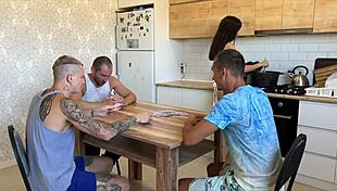 Lost his young 18+ wife at cards, stretched her tight pussy on kitchen table