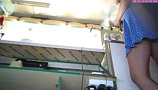 blonde babe flashes upskirt at work for voyeur