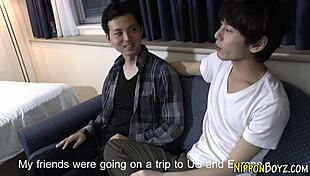 Japanese twink gets cummed on during masturbation.