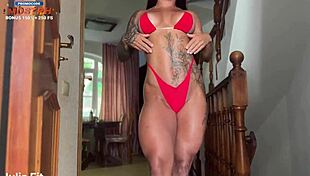 Beautiful Wife in Red Bikini Receives Close-Up Facial Cumshot