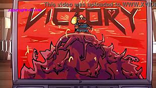 petite redhead playing videogames ignores the boner between her legs in 3d animation