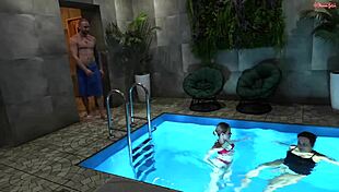 Lucky guy slams hot milf and cute teen in public sauna