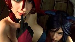 Miss Fortune and Ahri cosplay in uncensored hentai action