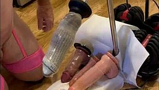 Sissy takes dildos up her ass barefoot in the kitchen