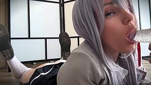 Alya flirts with a dildo while Bella Hentaigirl watches in this homemade toy session.