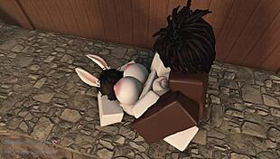 in the game, the bunny rides rough, bouncing with big ass, leading to creampie and masturbation