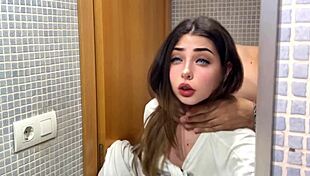 in the bathroom, she fucks her boyfriend's friend and he cums inside her, feeling the hot semen.