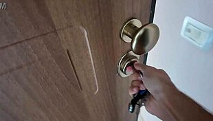 Stepmom shocked by stepson's big dick. Naked milf in pov exhibitionist encounter.