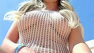 Blonde Slut Flashes in Transparent Dress Without Underwear in Public