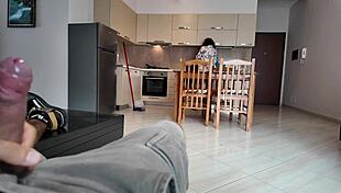 Stepmom shocked by stepson's big dick. Naked milf in pov exhibitionist encounter.