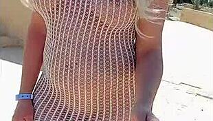 Blonde Slut Flashes in Transparent Dress Without Underwear in Public
