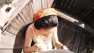 Risky outdoor adventure and throat experience at the hunting tower