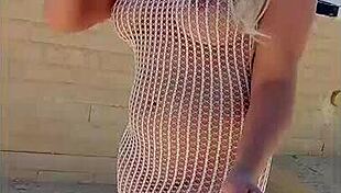 Blonde Slut Flashes in Transparent Dress Without Underwear in Public