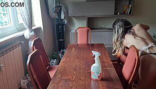 I cleaned the neighbor's table and removed my panties, will he like it?