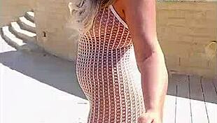 Blonde Slut Flashes in Transparent Dress Without Underwear in Public