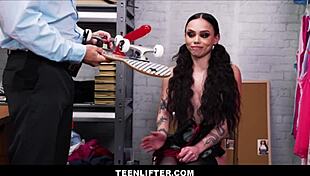 Lucia Rossi, big tits skater girl, caught shoplifting, agrees to sex with guard Peter Fitzwell, clothes ripped