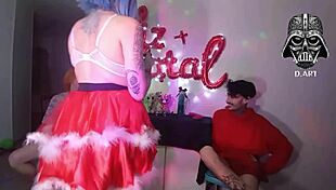 Christmas woman dominates two well-endowed men