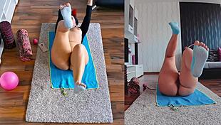 Wet milf spreads big ass in naked workout!