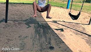 I watch my wife swing with no panties, flashin her tits outside.