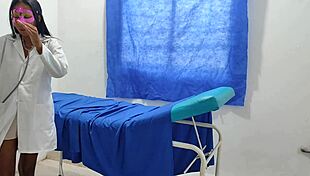 This horny nurse touches her vagina in the doctor's office until a patient persuades her to have sex.