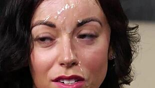 British MILF With Big Tits Kneels For Intense Blowjob, Cum On Face Facial In Stockings.