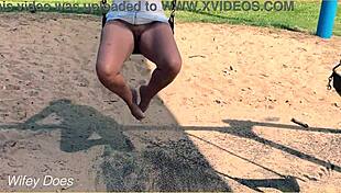 I watch my wife swing with no panties, flashin her tits outside.