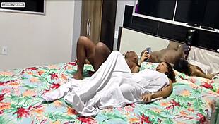 Curly-haired girl does handjob beside me, then falls on dick until he cums