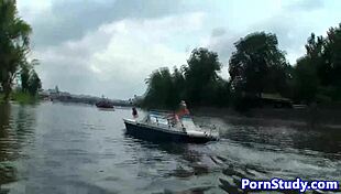 Eurobabe rides waterbike naked in public fetish scene
