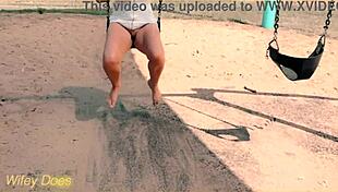 I watch my wife swing with no panties, flashin her tits outside.