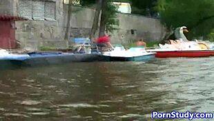 Eurobabe rides waterbike naked in public fetish scene