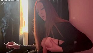 Hot milf artemisia love shows big boobs while smoking.