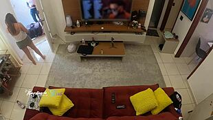 Hot wife Thay Ksada recognized by delivery man lets him suck her on living room sofa