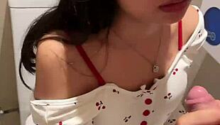 My 18-year-old Asian girlfriend sucked me off in public restroom for huge cumshot
