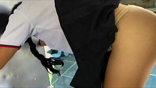 Father-in-law catches stepdaughter in uniform and fucks her hard in the kitchen