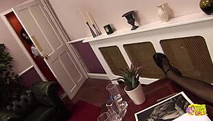 brunette secretary catches blonde boss masturbating and offers to lick her pussy