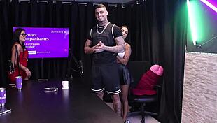 Wow! Duas morenas strip him down after dirty talk about wild oral tips!