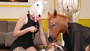 Crazy Teen 18+ Bitch in Horse Mask Craves Threesome with Big Cocks