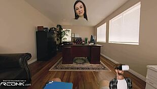 skinny violet rides tight on desk, fucking with monster cock in ripped uniform