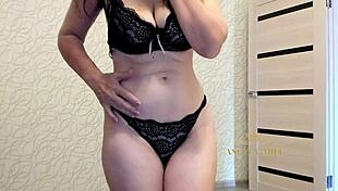 Beautiful dark haired milf angela dances sexy with huge butt and slowly undresses for her fans