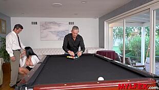 The bombastic secretary feels so excited playing billiard with her bosses before the deepthroat and double penetration