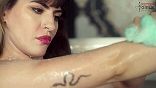 lady snow teases in solo bath scene with wet brunette body and golden shower finale