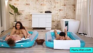 Hey, sexy busty masseuse Natasha Nice bangs two young boys in nuru massage! 😍