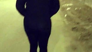 Mature Street Whore Flashes Thong Through Transparent Leggings In Public