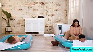 Hey, sexy busty masseuse Natasha Nice bangs two young boys in nuru massage! 😍