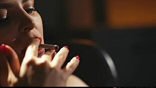 Hot Brunette in Red Lipstick and Lingerie Teases While Smoking