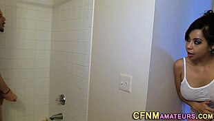 Busty CFNM Babe Tugs Monster Cock.