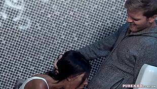 Hot Brunette Milf Taking Hard Cock in Toilet With Lingerie