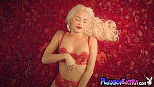 Petite Blonde Teen 18+ Elsa Jean Strips Among Red Petals